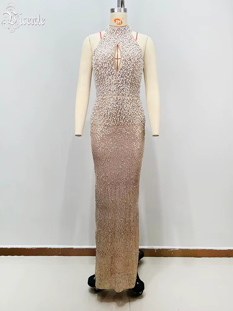 VC luxe sans manches Beige perlé licou robe Maxi avec détail découpé robe sirène pour fête Galas