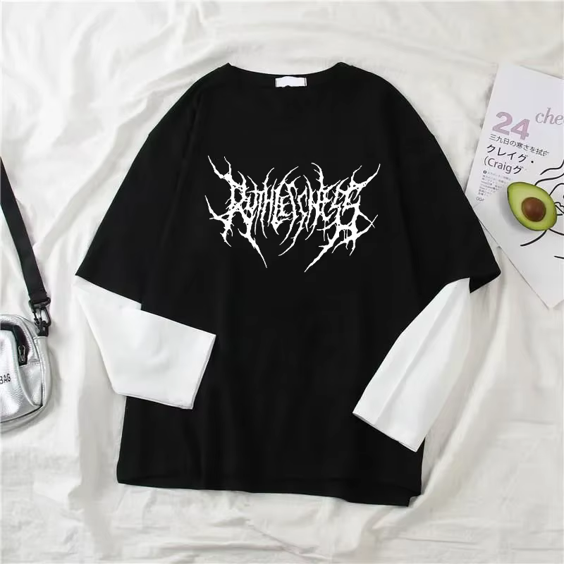 Mode Punk Style foncé imprimé col rond T-shirt Y2K Sport Harajuku mince femmes haut manches longues