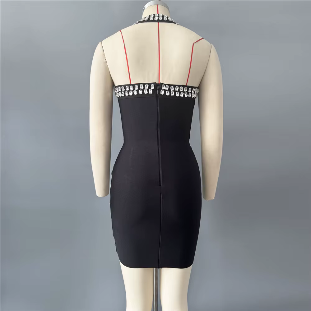 Robe de soirée mini pour femme, style halter, ornée de strass et de diamants, idéale pour les clubs 