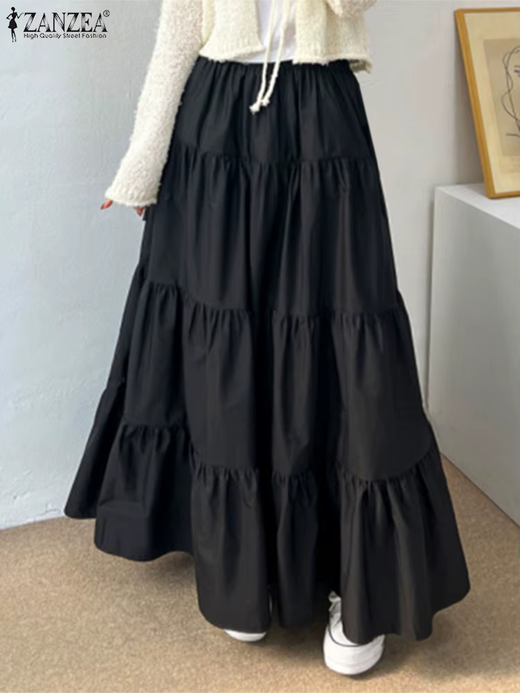 ZANZEA-Jupe Maxi à Plusieurs Niveaux pour Femmes, Taille artificiel astique, Décontracté, Solide, Do