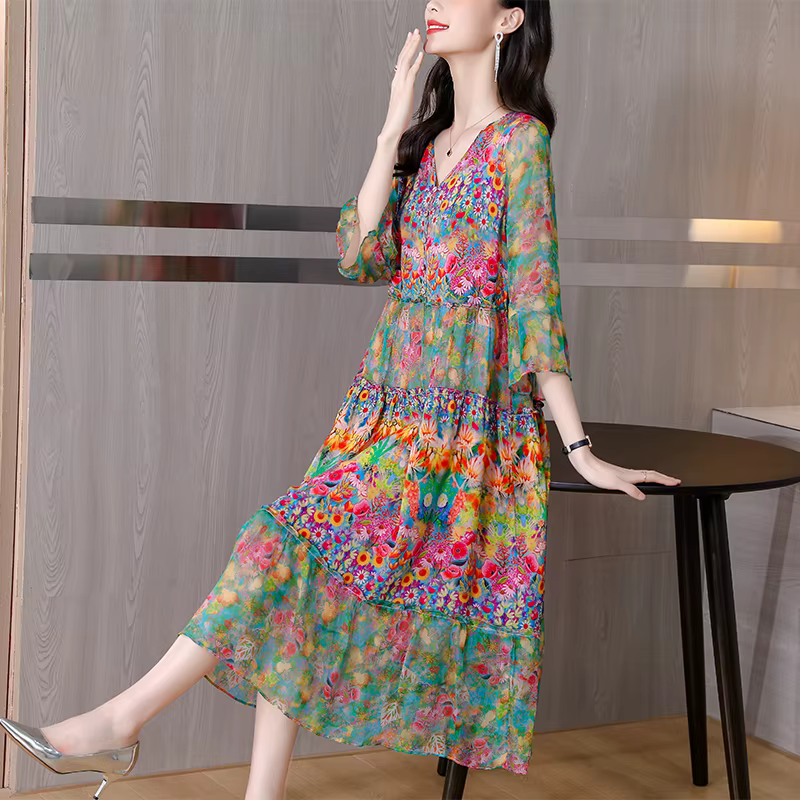 Robe d'été 2023 femme robe florale en soie élégante longue plage robes Vintage pour les femmes