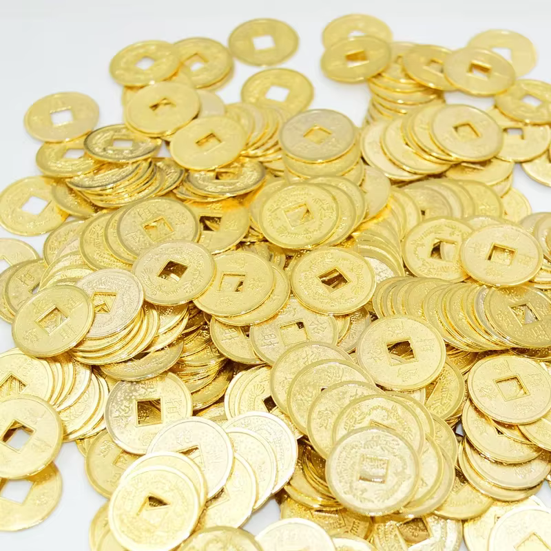Vente en gros de pièces de monnaie chinoises anciennes Feng Shui dorées de 24/20 mm, porte-bonheur,