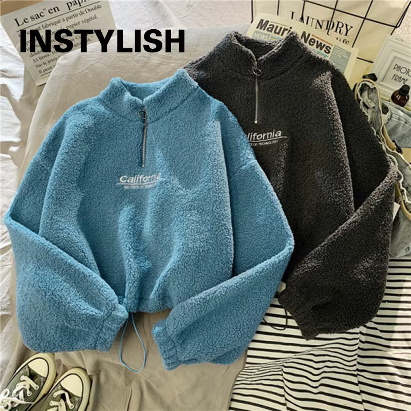Sweat-shirt à capuche court en polaire pour femmes, col montant, lettres brodées, manches longues, c