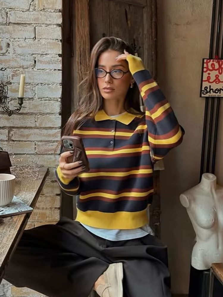 HH femmes tendance décontracté rayé tricoté pull pull revers à manches longues pull chemise printemp