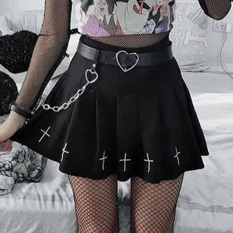 Mini jupes noires taille haute Punk plissée, Vintage, gothique, Streetwear, imprimé croisé, jupes pl