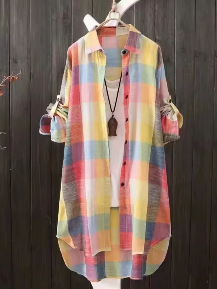 Chemisiers pour femmes grande taille 2025 nouvelle chemise ample à carreaux à rayures Vintage léger