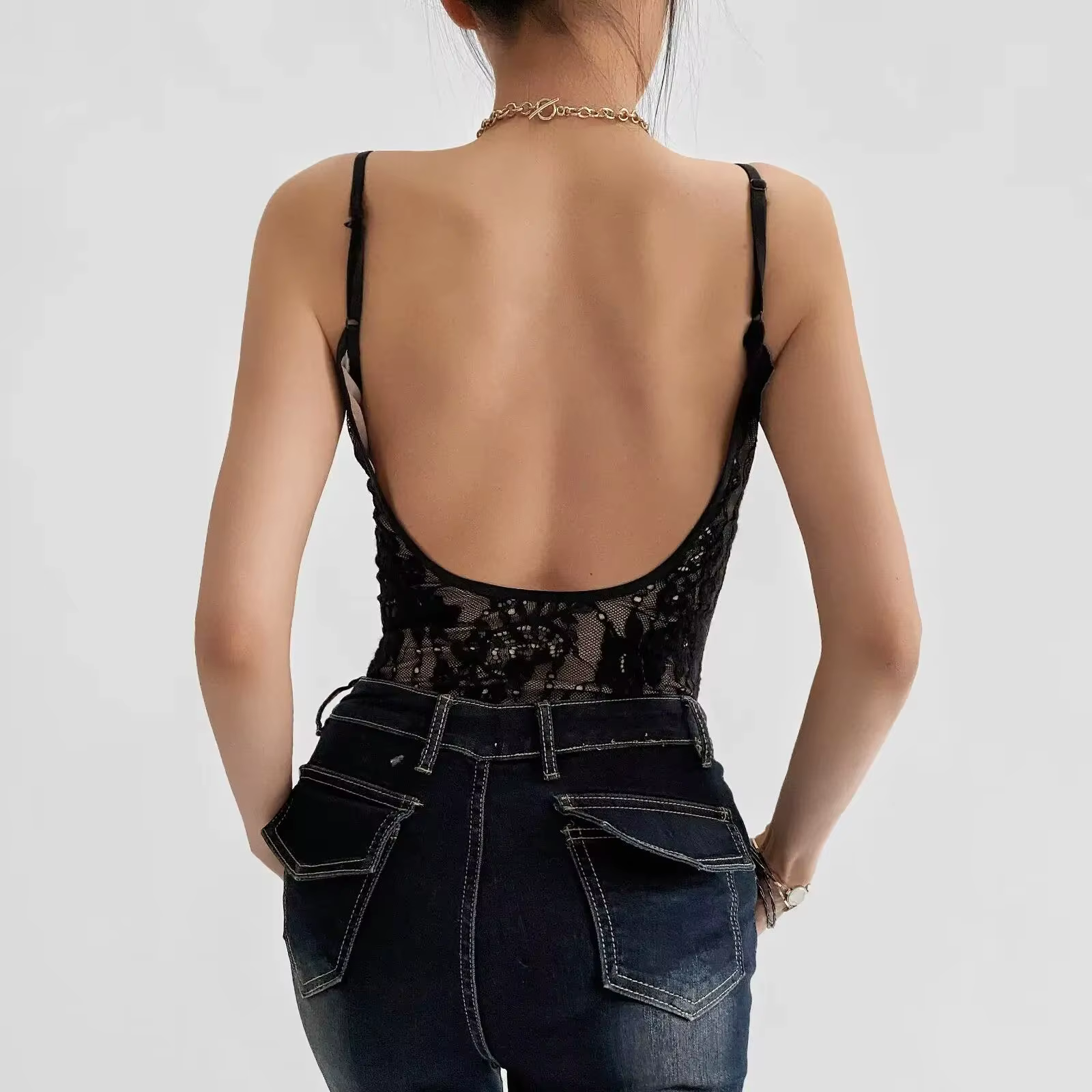 Sexy voir à travers la dentelle avec doublure dos nu Spaghetti sangle body femme fronde serré combin