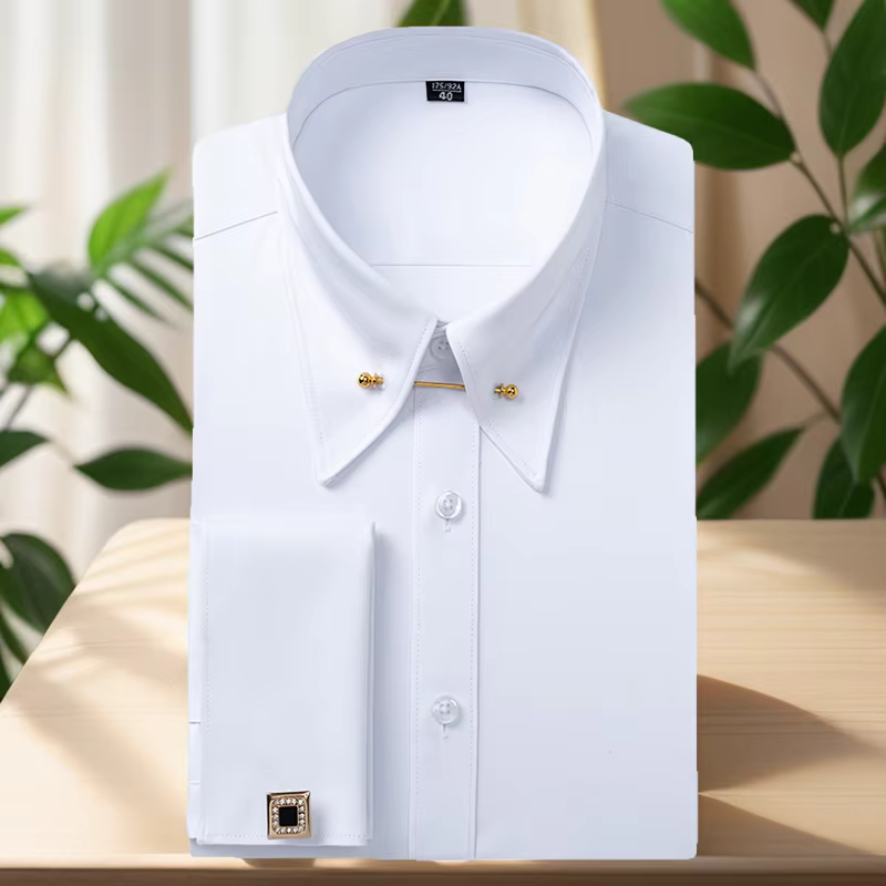Boutons de manchette français brodés pour hommes, chemise à manches longues avec épingles à col, che
