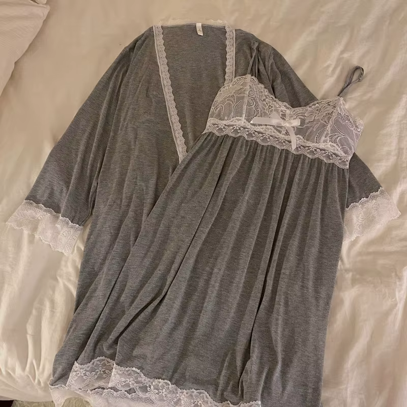 Modal chemises de nuit femmes automne hiver vêtements de nuit deux pièces ensemble dentelle Sexy à m