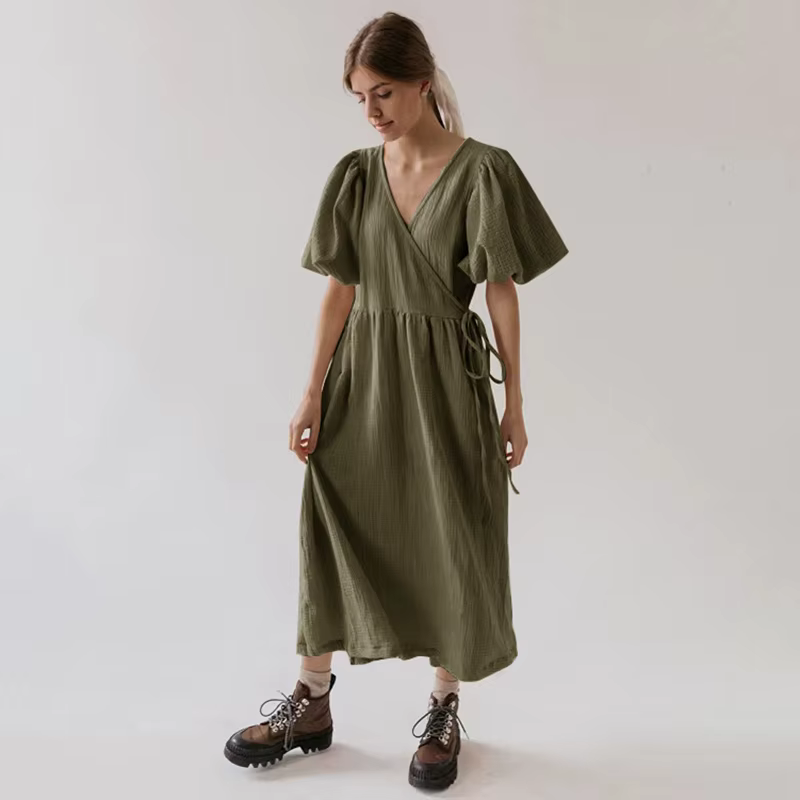 Robe longue vintage à manches bouffantes pour femme, mousseline, pansement, gaze, col en V, bandage,