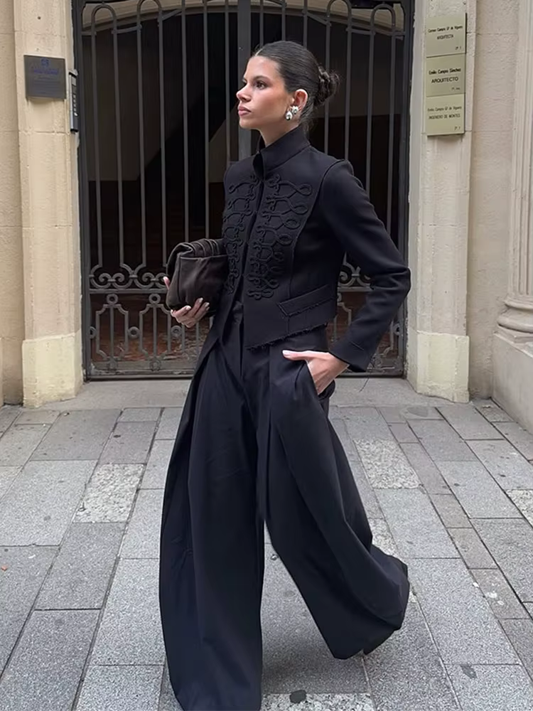 Veste Courte Napoléon Élégante pour Femme, Col Montant, Manches Longues, Coupe Slim, Manteau Noir, N
