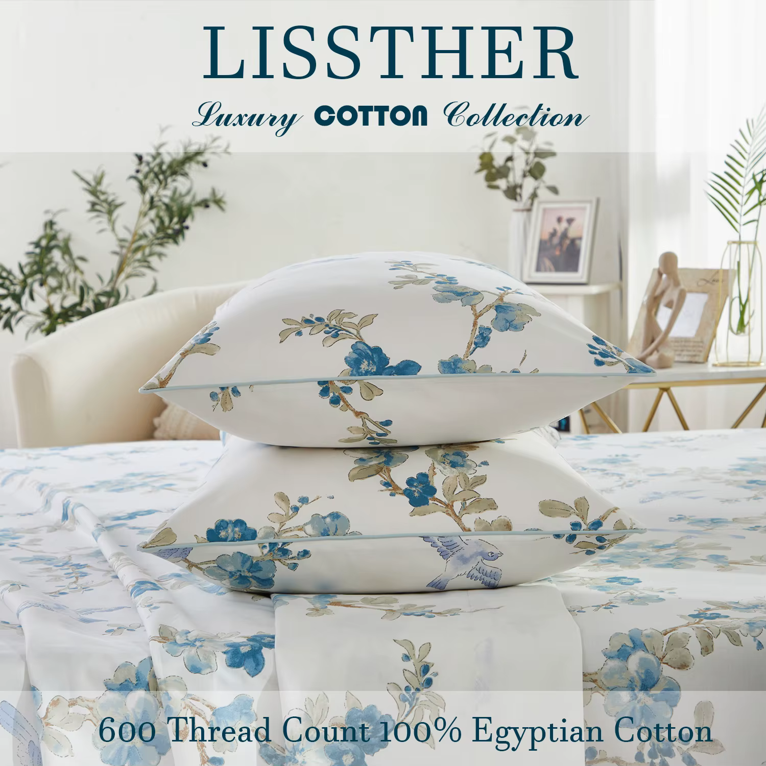 Ensemble de housse de couette 100% coton égyptien 600TC, 3 pièces, motif Floral aquarelle bleu, doux