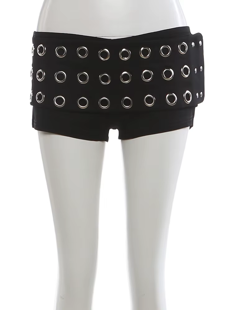 Shorts Coquette Sisterlinda pour Femme – Sexy, Métalliques, Creux, Rivets, Patchwork, Tendance Stree