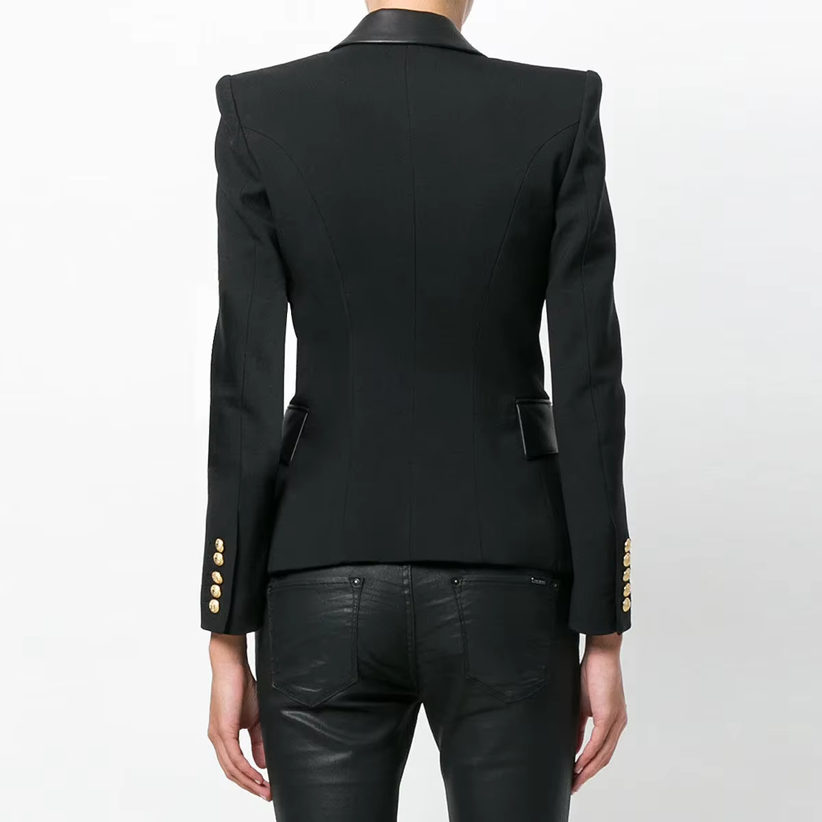 Automne hiver mode couture en cuir PU coupe ajustée à manches longues revers Double boutonnage costu