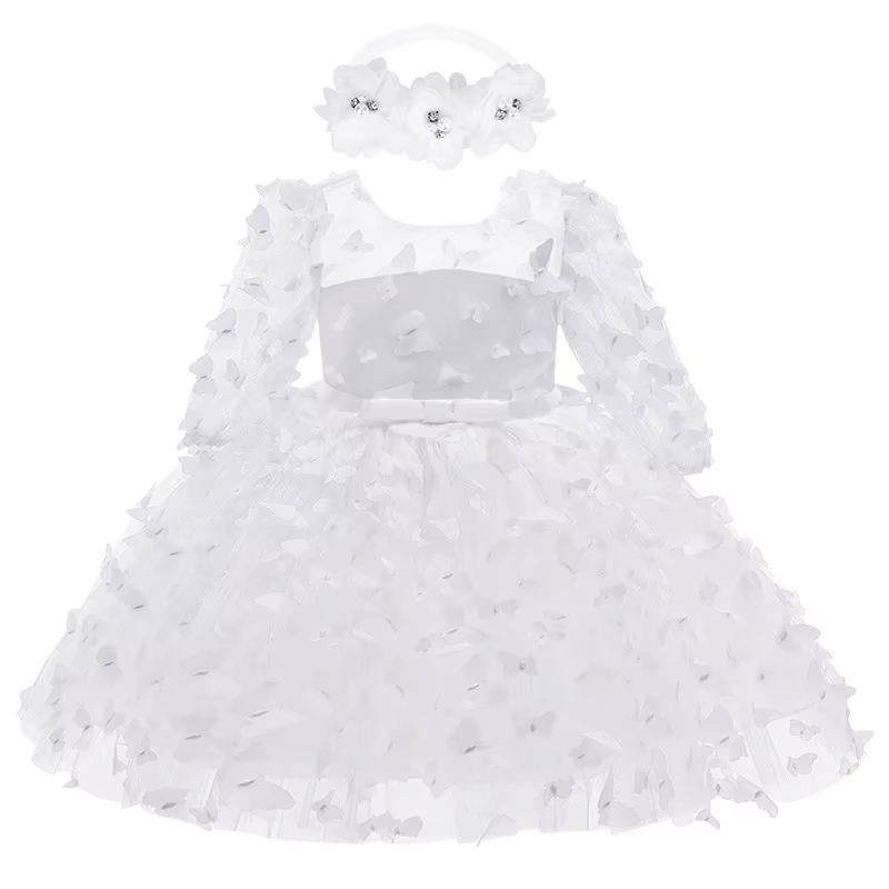 Robes pour bébés filles, robe papillon en dentelle avec nœud, manches longues, robe de baptême pour 