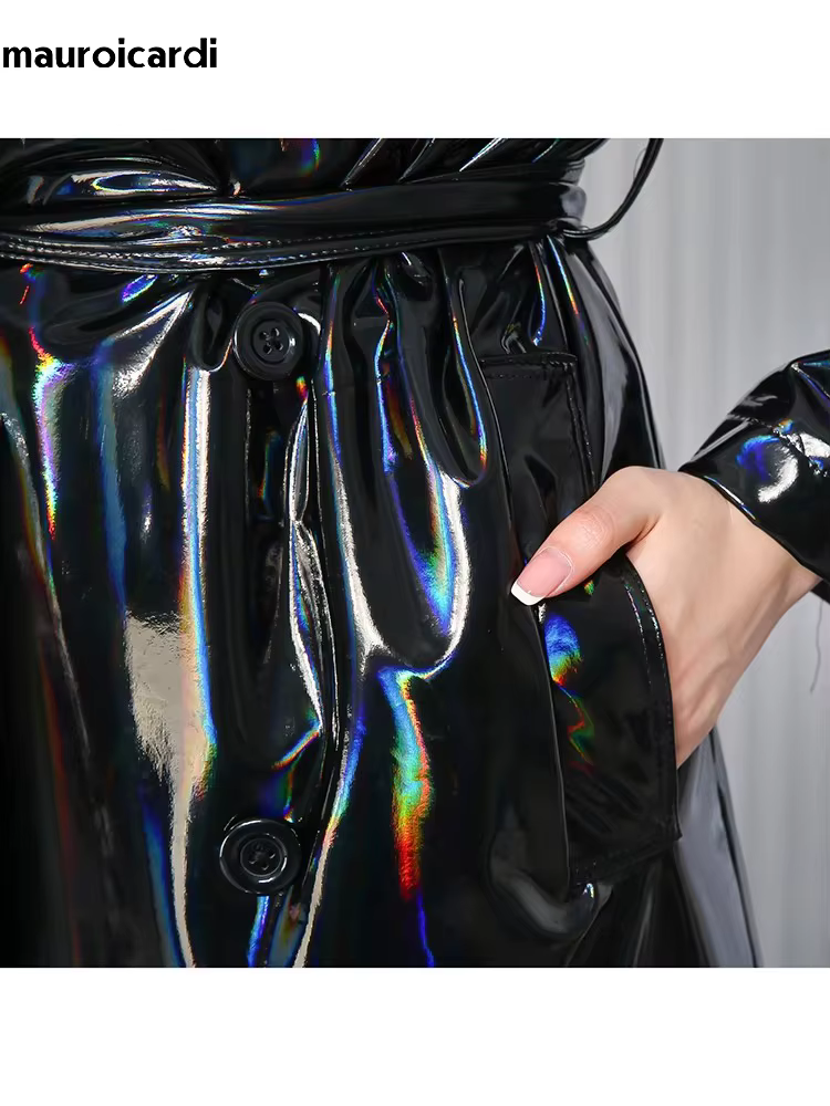 Mauroicardi printemps doux mince fluide brillant réfléchissant holographique noir PVC Faux cuir Tren