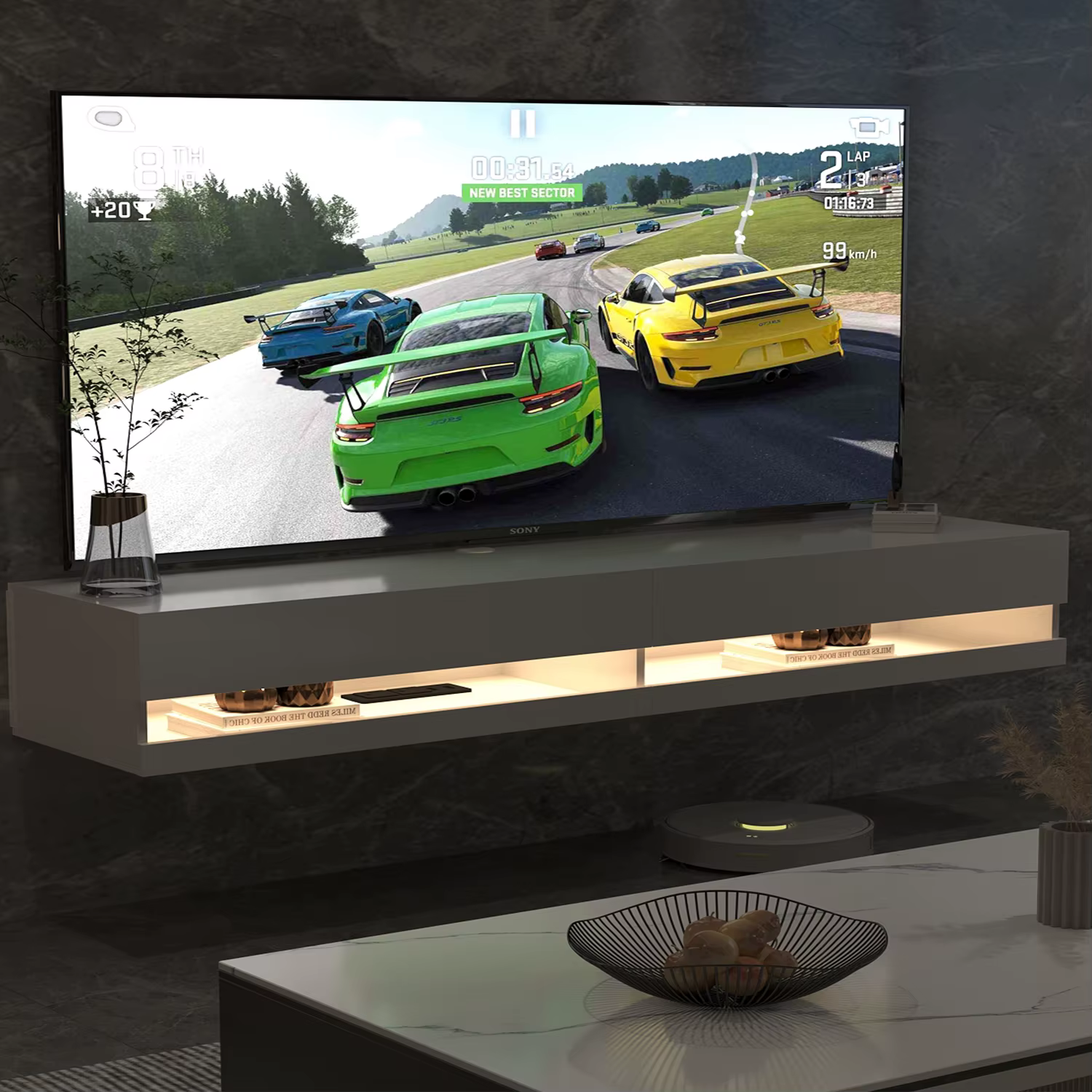 Support TV flottant pour TV 75/80 ", support TV mural LED avec prises de courant, console multimédia