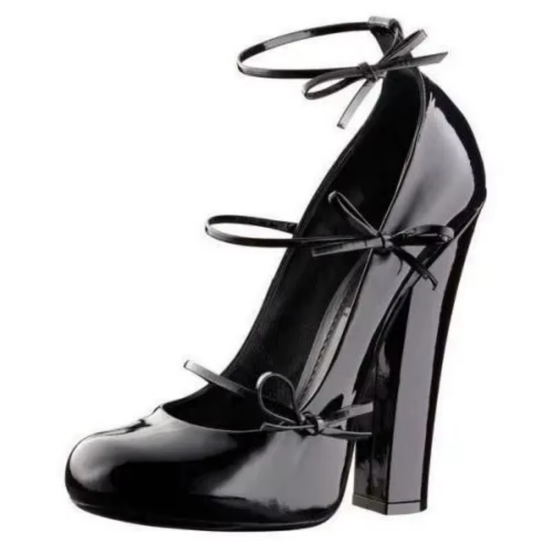 Chaussures à talons hauts en cuir verni avec nœud papillon Arden Furtado, bout rond, talons épais, e