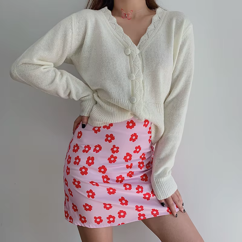 Mini jupe taille haute à imprimé floral pour femmes, vêtements d'été roses, jupe en satin rouge, mod