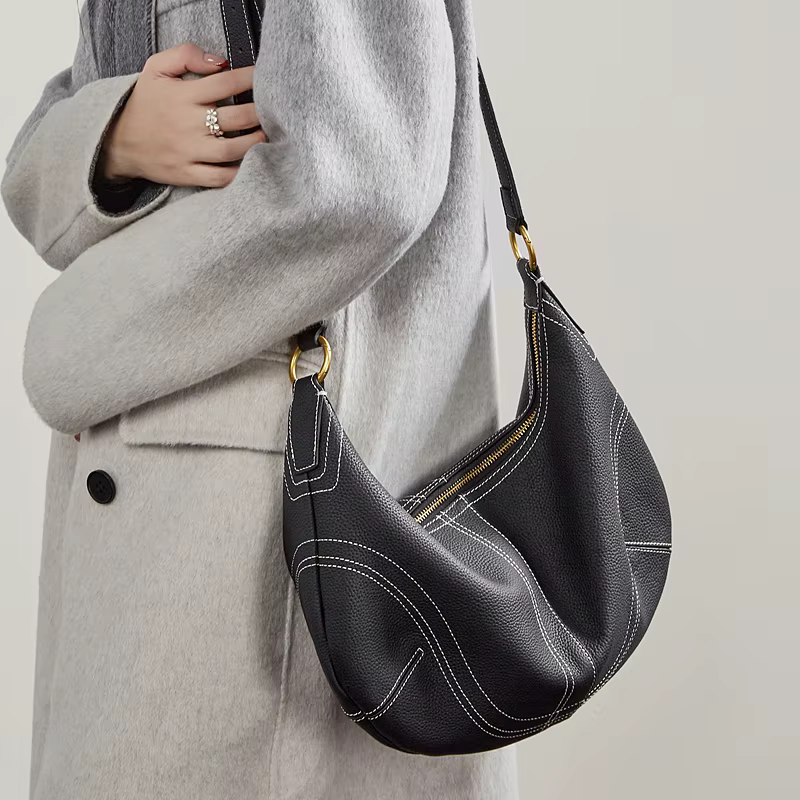 HIFASHION Sacs à bandoulière demi-lune en cuir de vachette véritable pour femmes, tendance 2026, sac