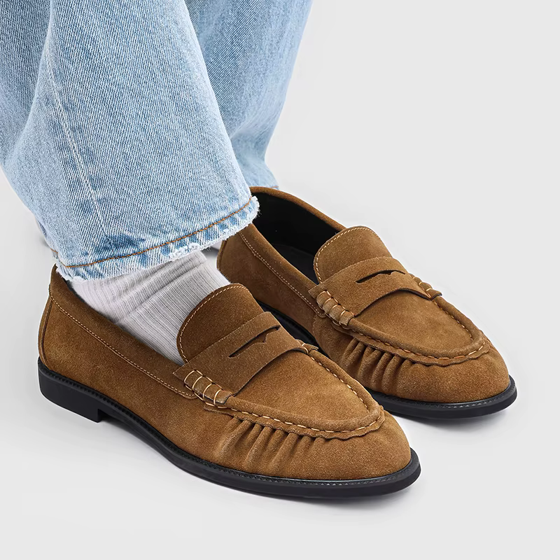 Mocassins noirs en cuir véritable pour hommes avec bout plissé, chaussures habillées confortables à