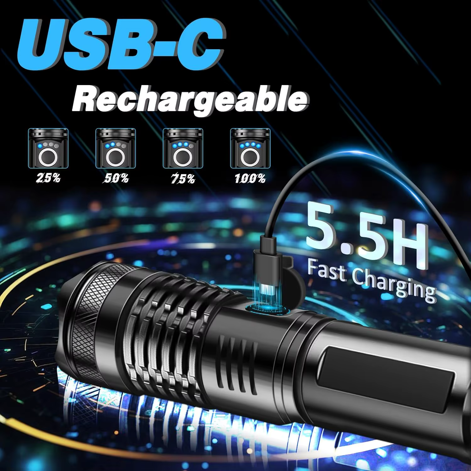 Lampe de poche tactique LED Rechargeable haute puissance, en alliage d'aluminium, Zoom télescopique,