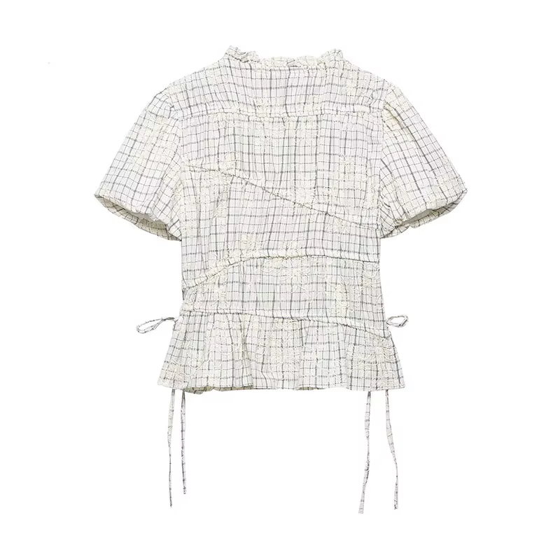 TFAFXY 2026 Ensemble d'été pour femme : Blouse brodée à carreaux avec nœud et jupe longue midi coupe