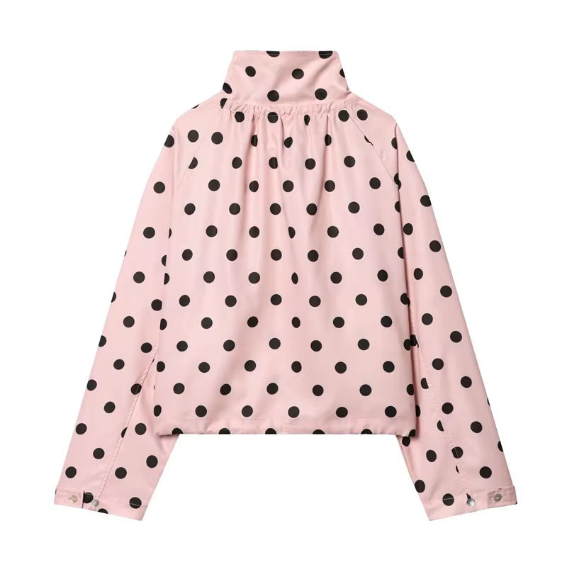 Manteau pour femme Printemps 2026 Nouveau style Rose à pois Manches longues Détail noué Simple bouto