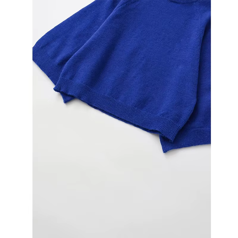 Pull en tricot bleu à manches larges pour femme, pull court à col haut, printemps 2025