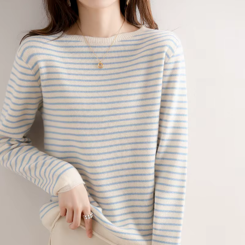 Pull décontracté à manches longues pour femmes, pulls rayés à col rond, pull basique, tricots chauds