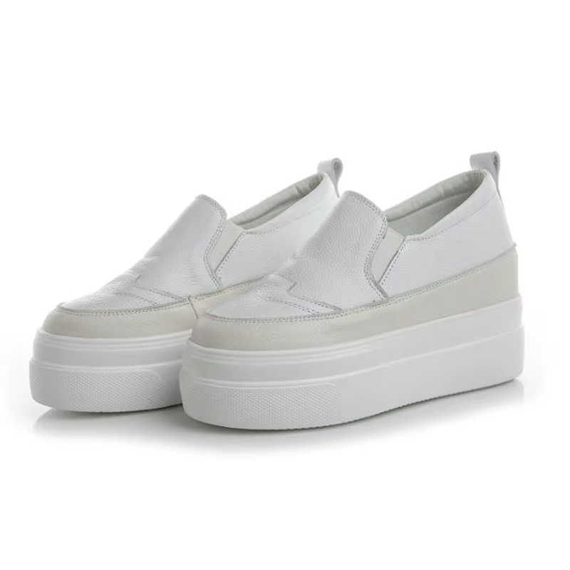 Chaussures à semelles compensées en cuir véritable, baskets épaisses à tête ronde de couleur unie, m