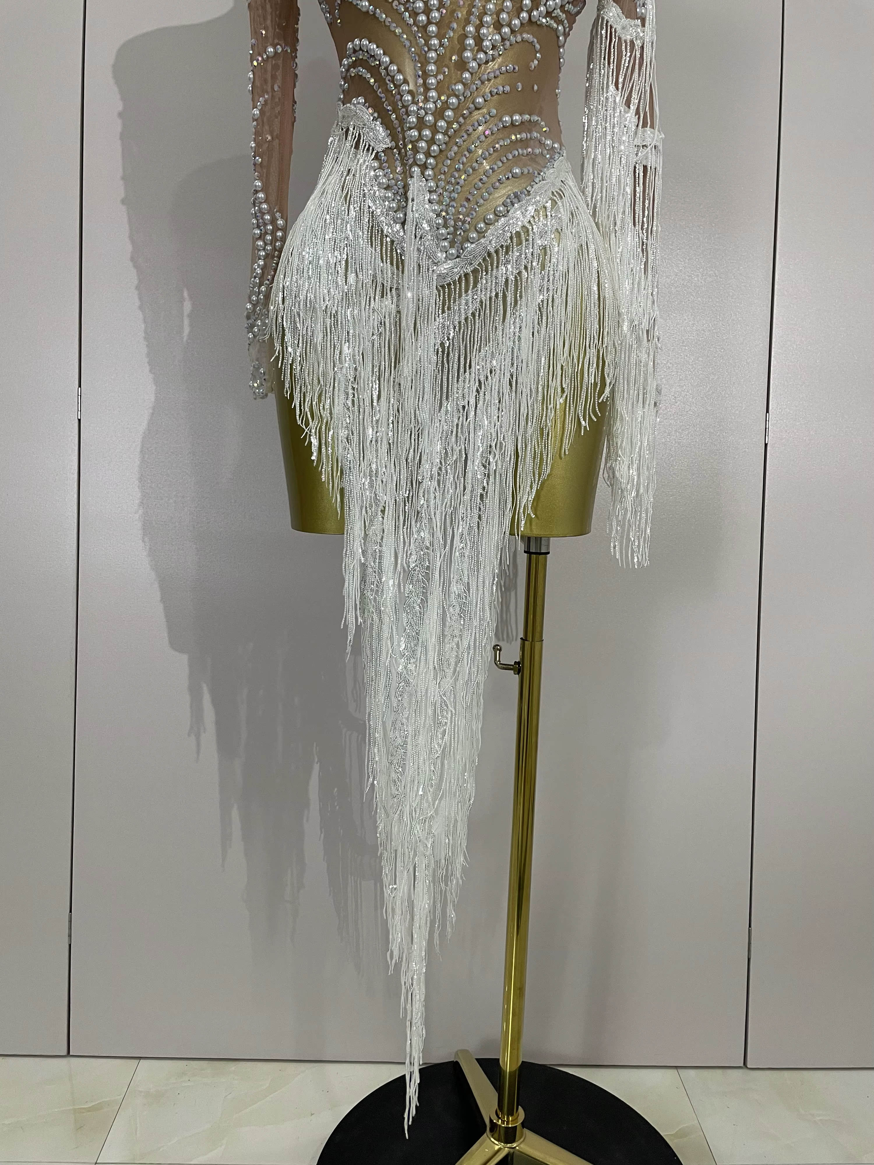 Femmes brillant strass perle paillettes gland Sexy robe transparente soirée fête d'anniversaire disc