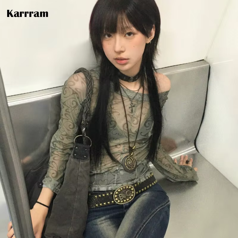Haut court transparent en maille grunge, t-shirt Y2K transparent, mode coréenne, esthétique Y2k, Har