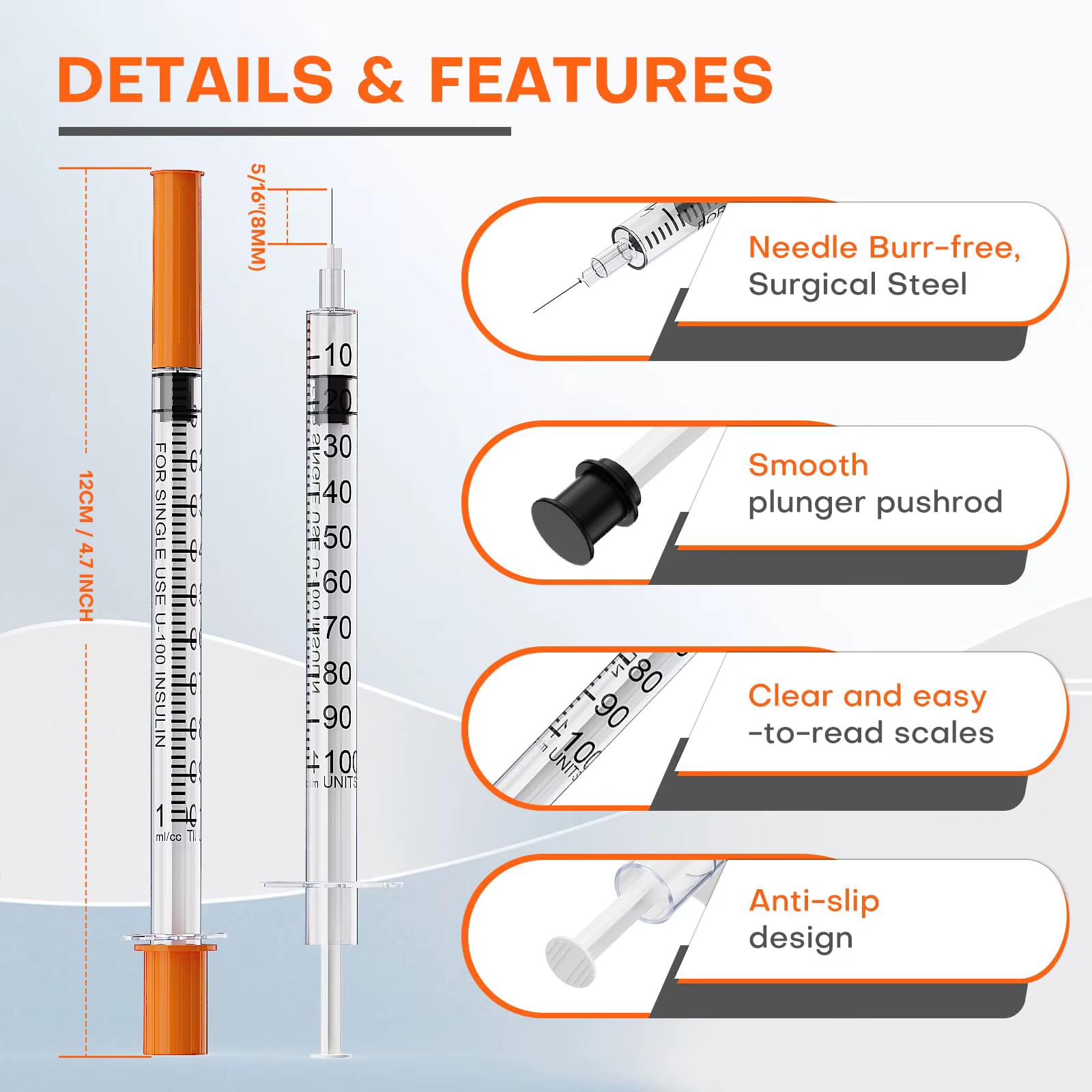 Seringage à insuline avec capuchon Orange à aiguille, stérilisé, emballé individuellement, sécurité
