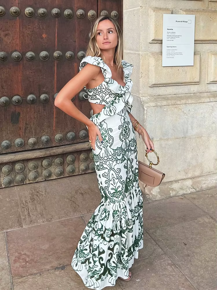 Robe Maxi Vintage Brodée de Fleurs pour Femme, Sans Cuisson, à Volants, Longue, Éducative, Sexy, de 