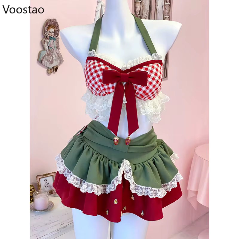 Sweet Lolita Style Ensemble de 2 pièces pour femme, nœud en dentelle Kawaii, licou, court, jupes de