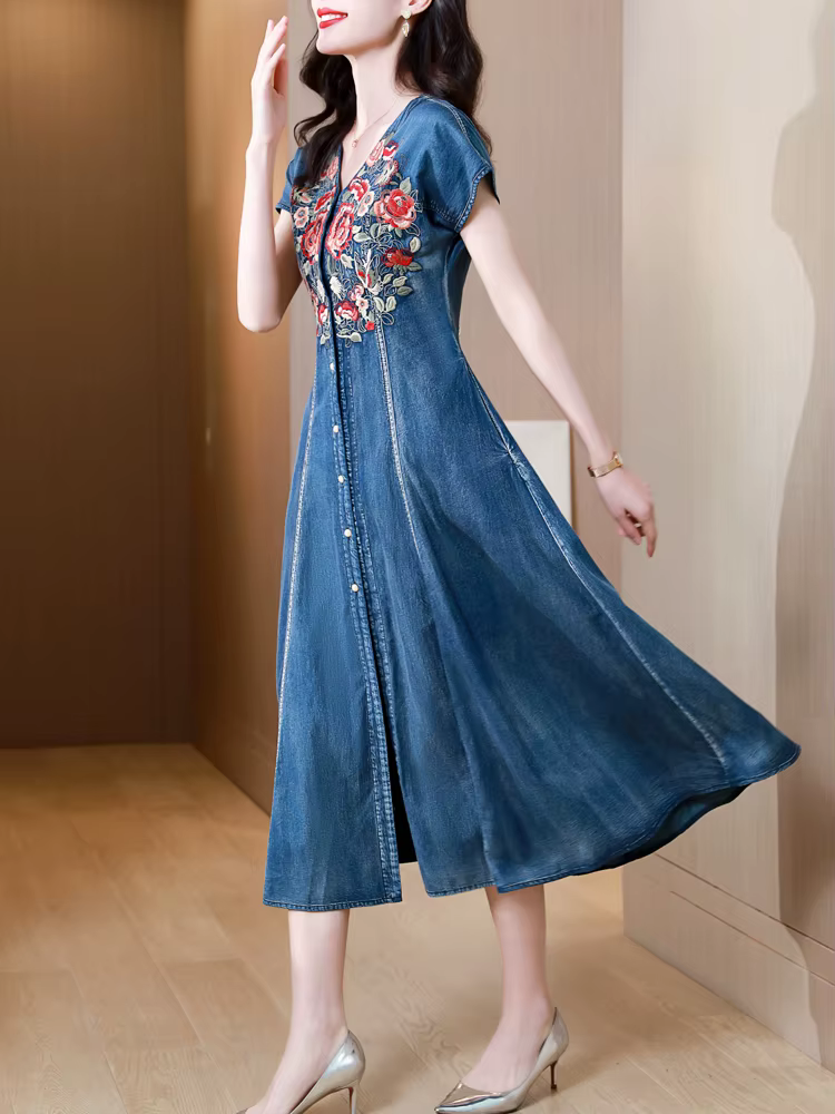 TIYIHAILEY Robe d'été en jean pour femme, longueur mi-mollet, manches courtes, broderie, col en V, s