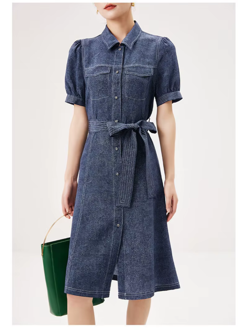 Robe d'été pour femme avec imprimé denim, poids lourd, conception de ceinture, fouet, nouveau, Hangz