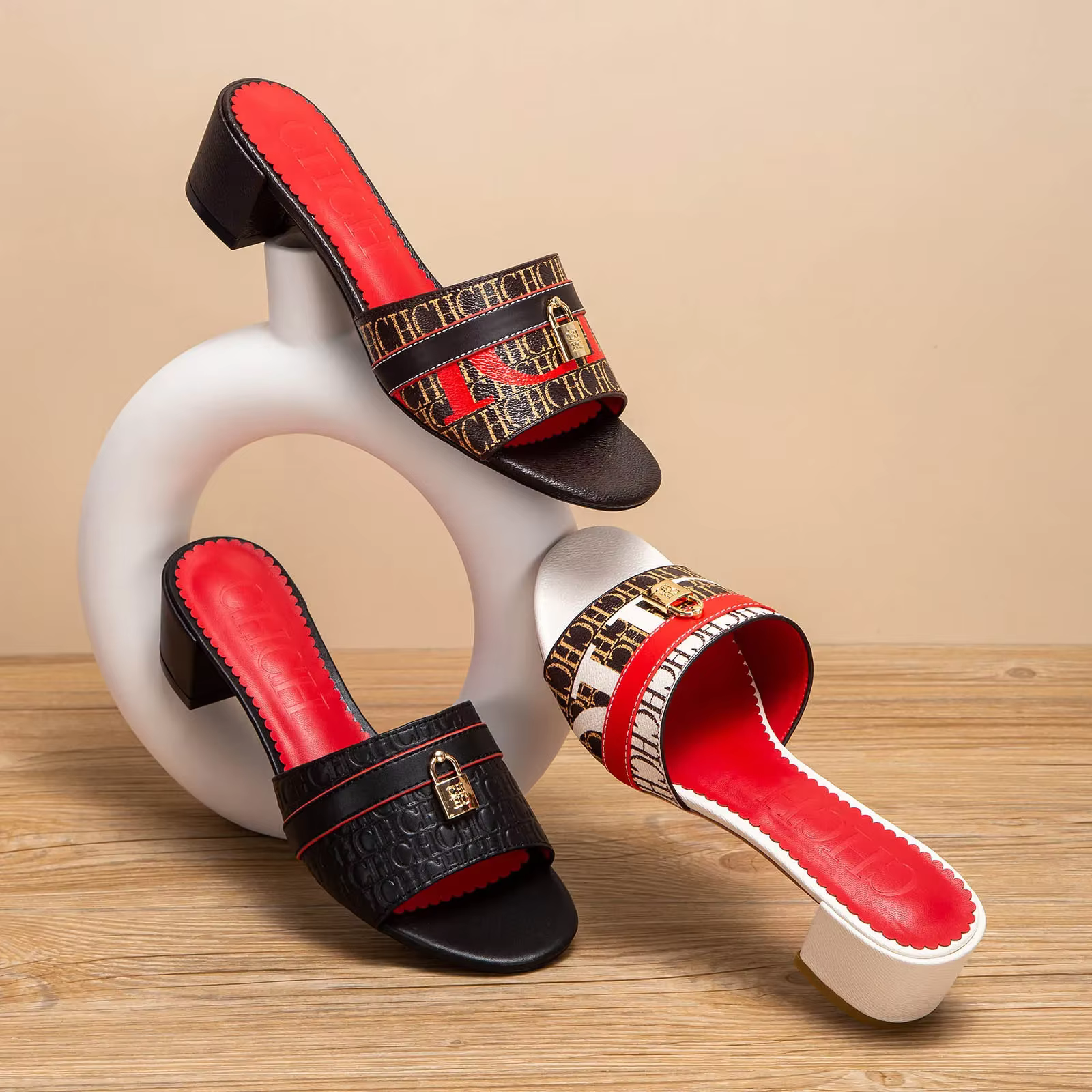 C-H sandales à talons pour femmes sandales coulissantes épaisses à bloc bas sans lacet escarpins déc