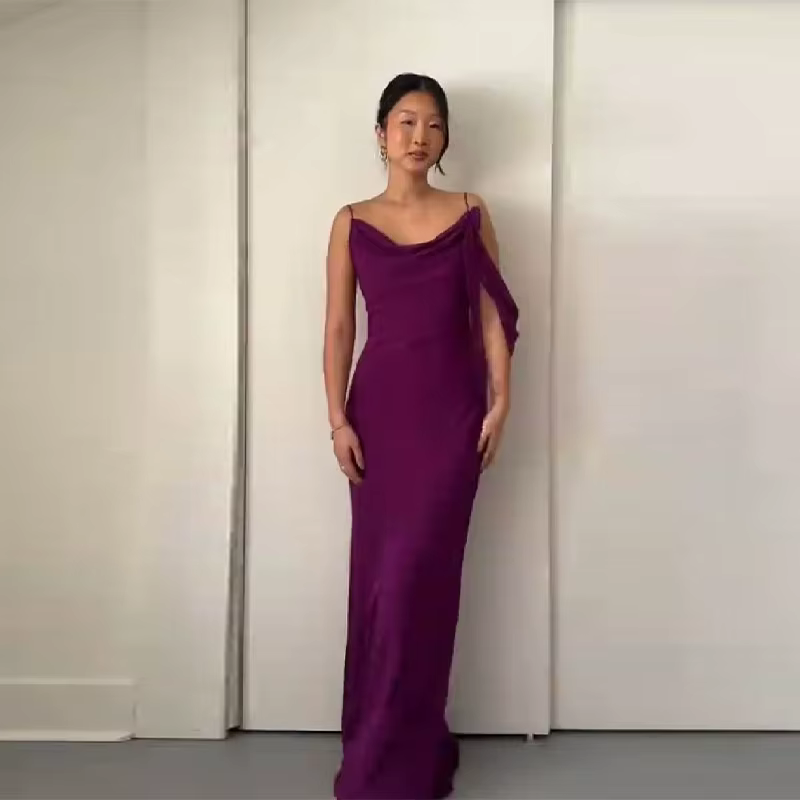 Robe longue en mousseline violette pour femme, collection été 2026, avec bretelles spaghetti, col dr