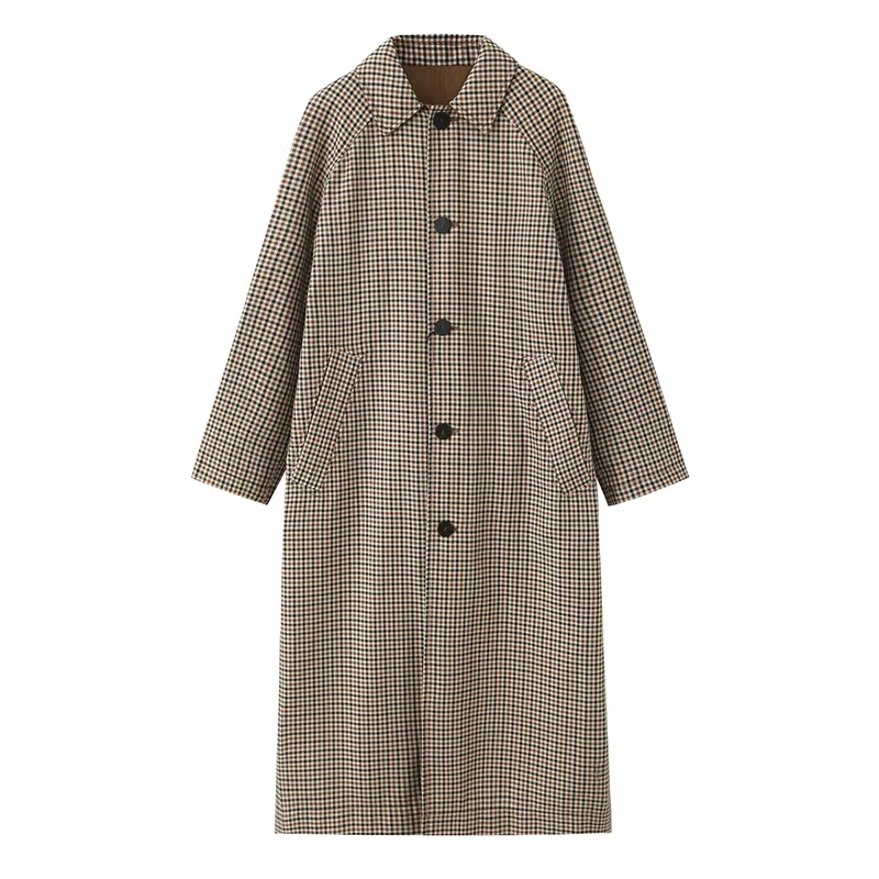 Vestes longues à carreaux Double face pour femmes, Trench-Coat à manches longues et simple boutonnag