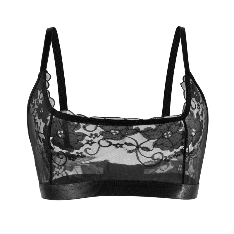 Soutien-gorge sans armatures en dentelle florale transparente pour femme, sans rembourrage, bretelle