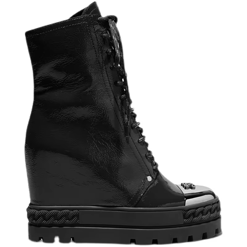 Semelle plate-forme optique noire, bottes romaines à fermeture éclair, baskets montantes, cuir verni
