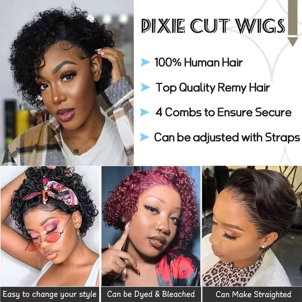 Perruque Pixie Cut Courte Bouclée en Cheveux Humains, Perruque Brésilienne Pas Chère en Cheveux Remy
