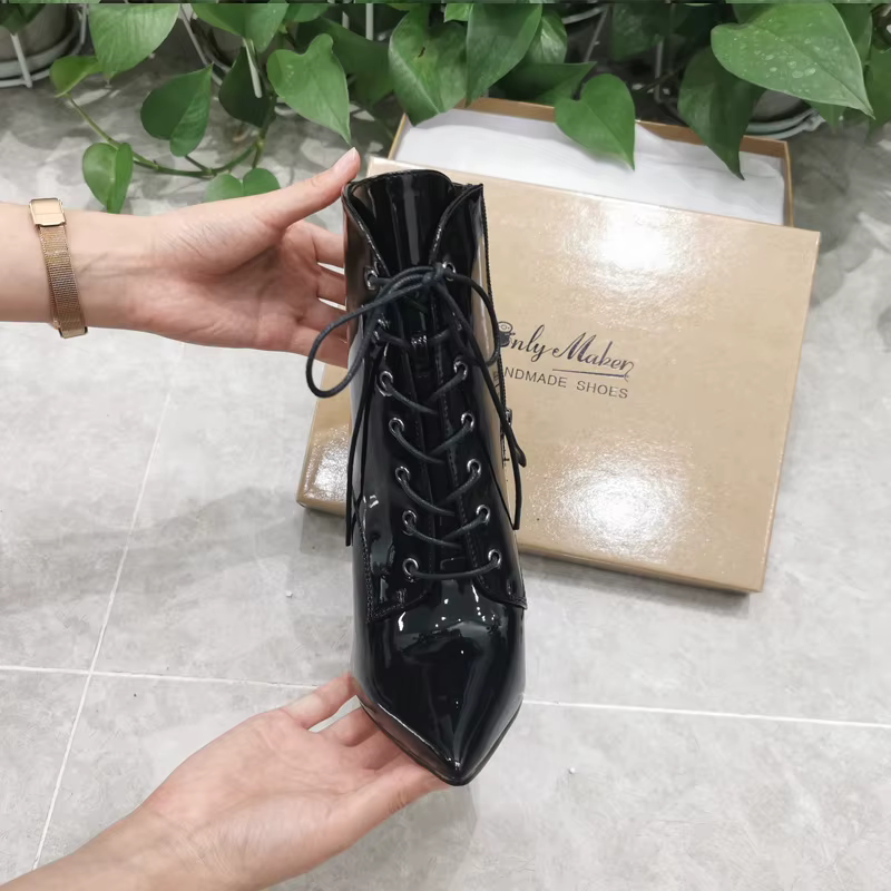 DALTolmaker-Bottes de rinçage à lacets pour femmes, bottes pointues en métal, talon haut fin, fermet
