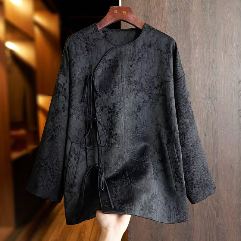 Veste chemise Jacquard de Style chinois à la mode pour femmes, haut col rond, manches longues, boucl