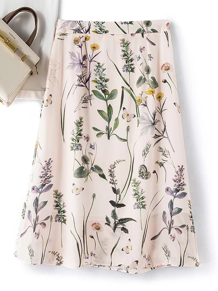 Jupe longue élégante Birdtree en soie 100% naturelle, taille haute, coupe trapèze, imprimé vintage e