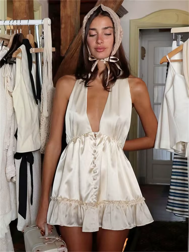 Tossy Satin mode col en v Mini robe femmes à volants dos nu été 2025 vêtements de nuit robe de soiré