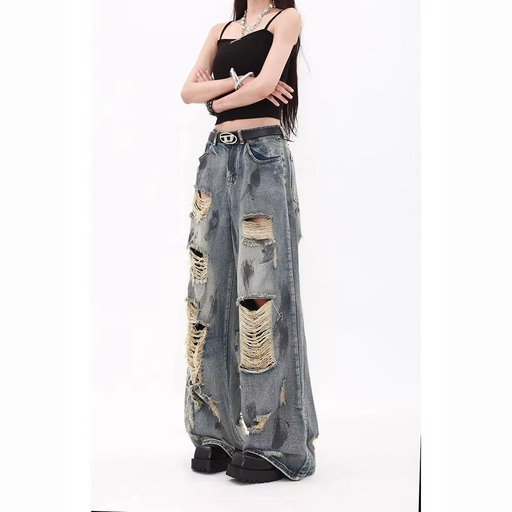 Jean ample bleu déchiré style Y2K rétro américain taille haute tendance pour hommes et femmes, coupe