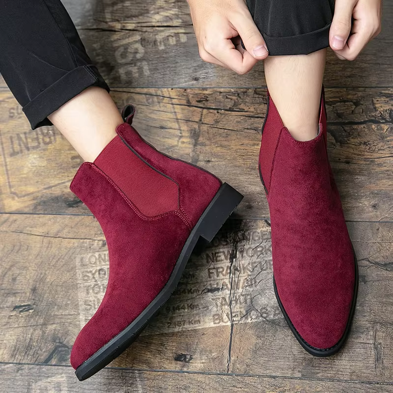 Bottes Chelsea pour Hommes en Daim Rouge Vin, Bout Rond, Bottes de Ville à Talons Bas, Faciles à Enf